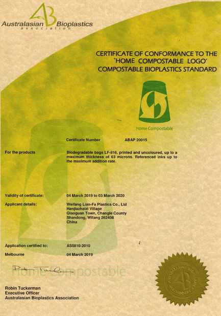 China Weifang Lian-Fa Plastics Co., Ltd. certification
