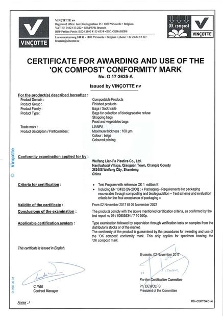 China Weifang Lian-Fa Plastics Co., Ltd. certification