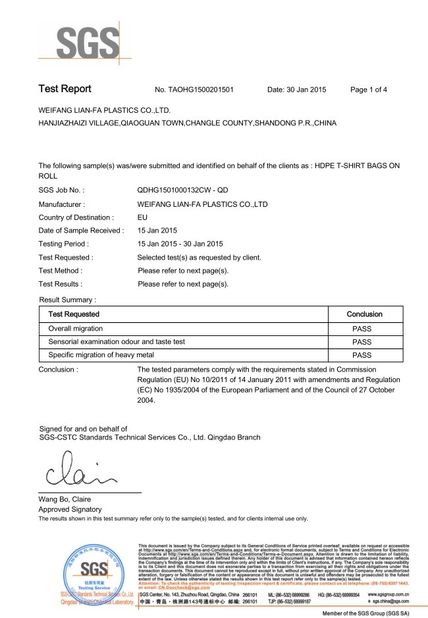 China Weifang Lian-Fa Plastics Co., Ltd. Certification